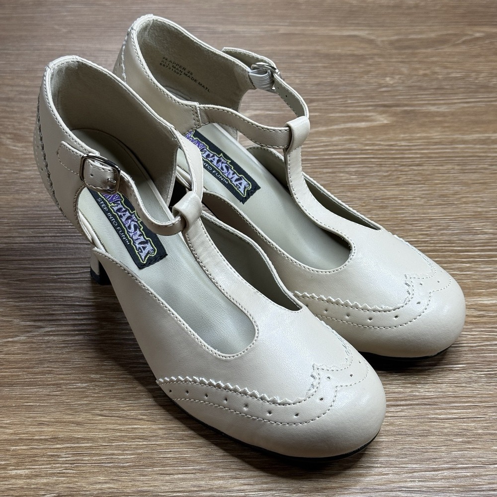 Funtasma T Strap Heels Womens 8 Beige Retro Wingtip Costume Mary Jane Pumps EUC